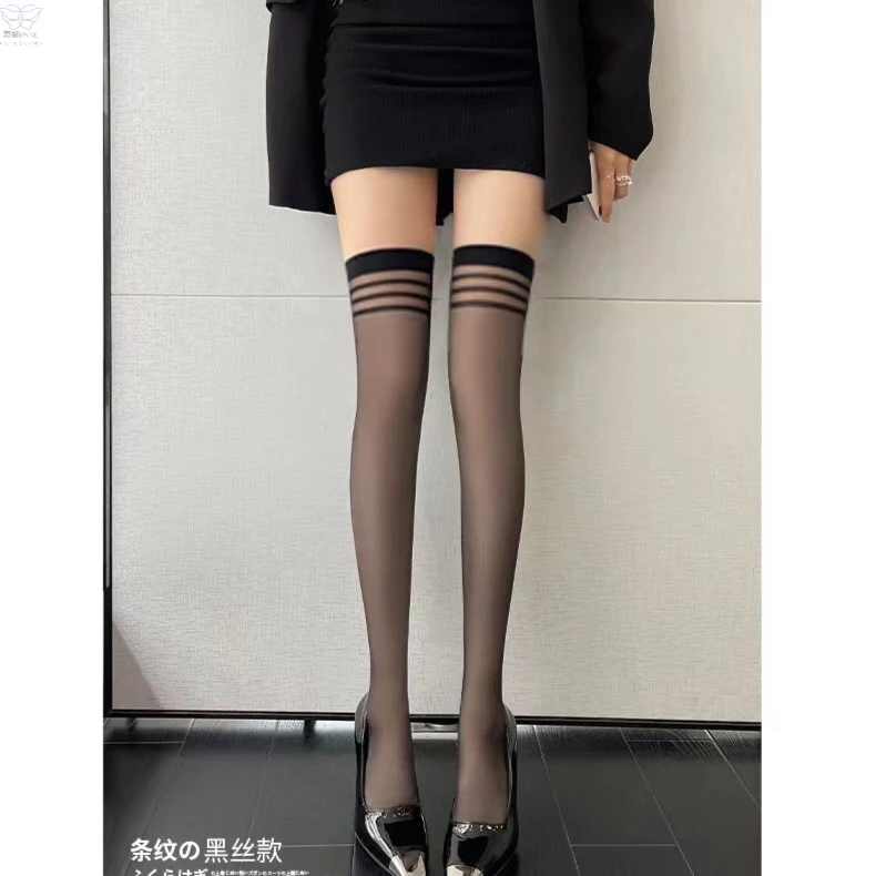 长筒丝袜高筒过膝袜显瘦黑色丝袜袜子jk夏季薄款条纹小腿袜白色