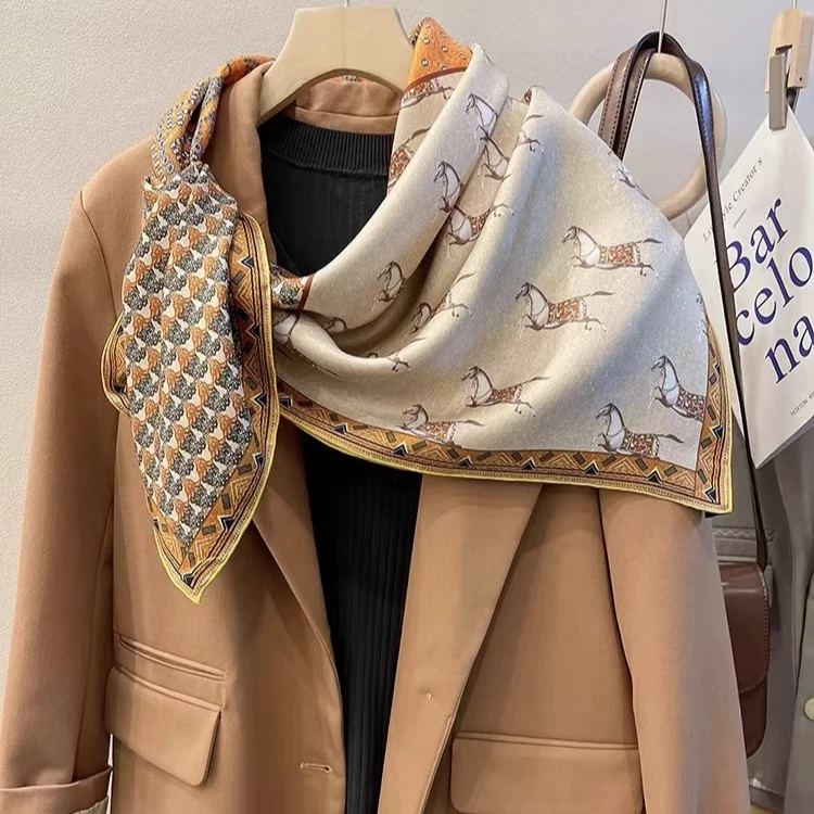 ZS696【60丝毛方巾】马术四重奏 丝毛手工卷边四季百搭女士方巾