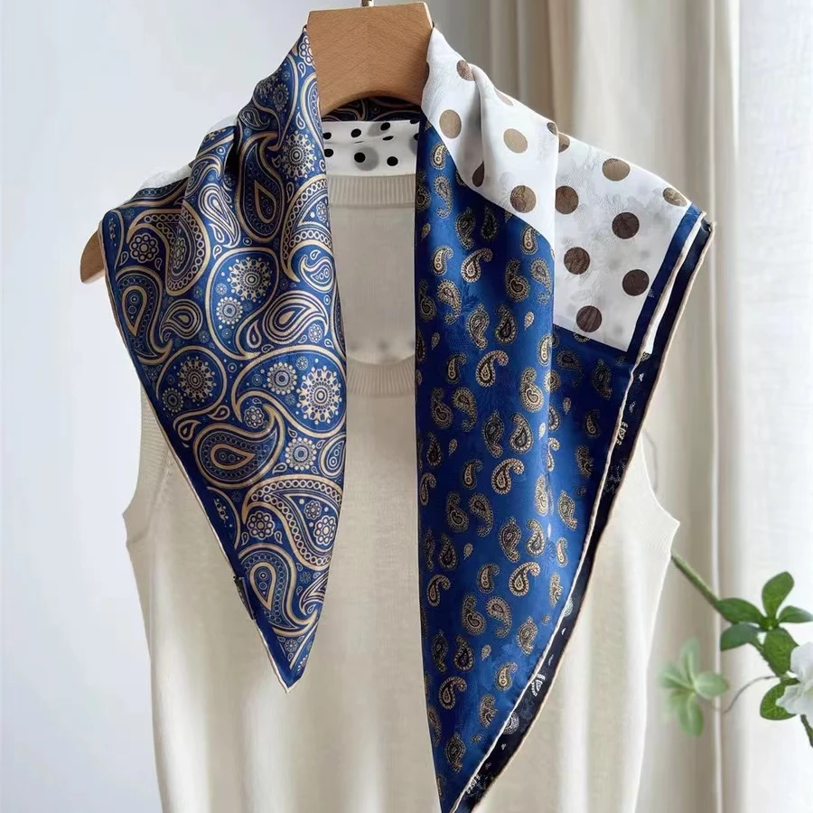 ZS610【70双面花萝方巾】四拼波点腰果 手工卷边四季百搭女士方巾