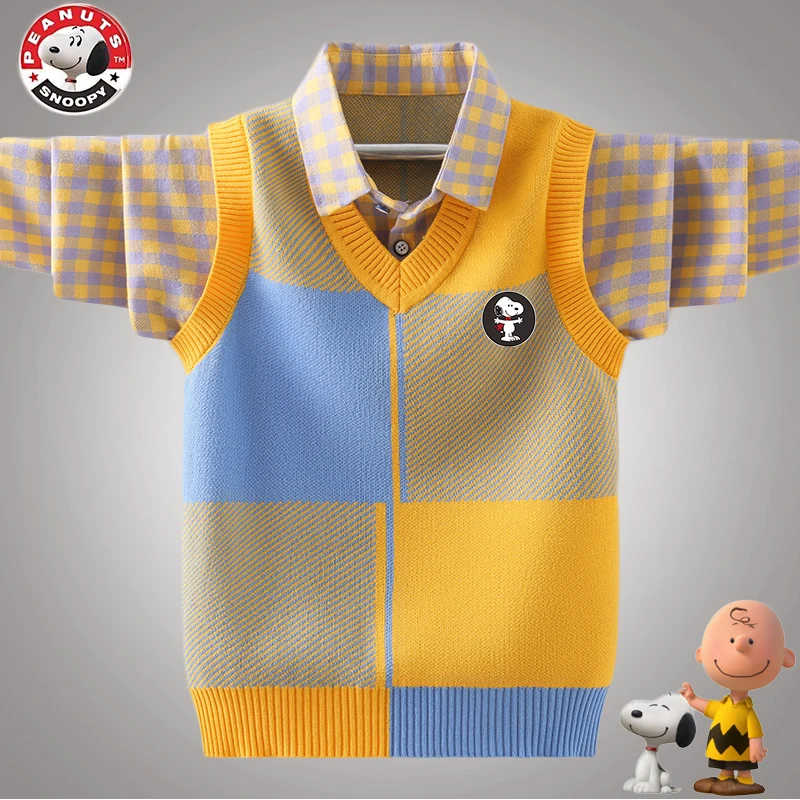 Snoopy/史努比男童毛衣假两件秋冬款2024新款中大童加绒针织衫潮
