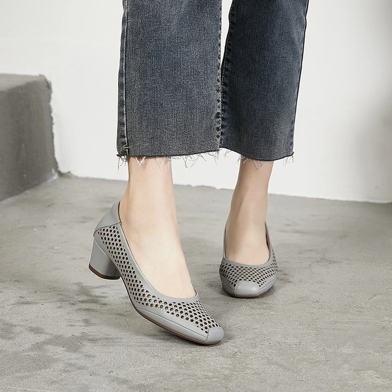 方根高跟鞋粘胶鞋夏季尖头休闲百搭平底透气低跟皮鞋气质时尚真皮