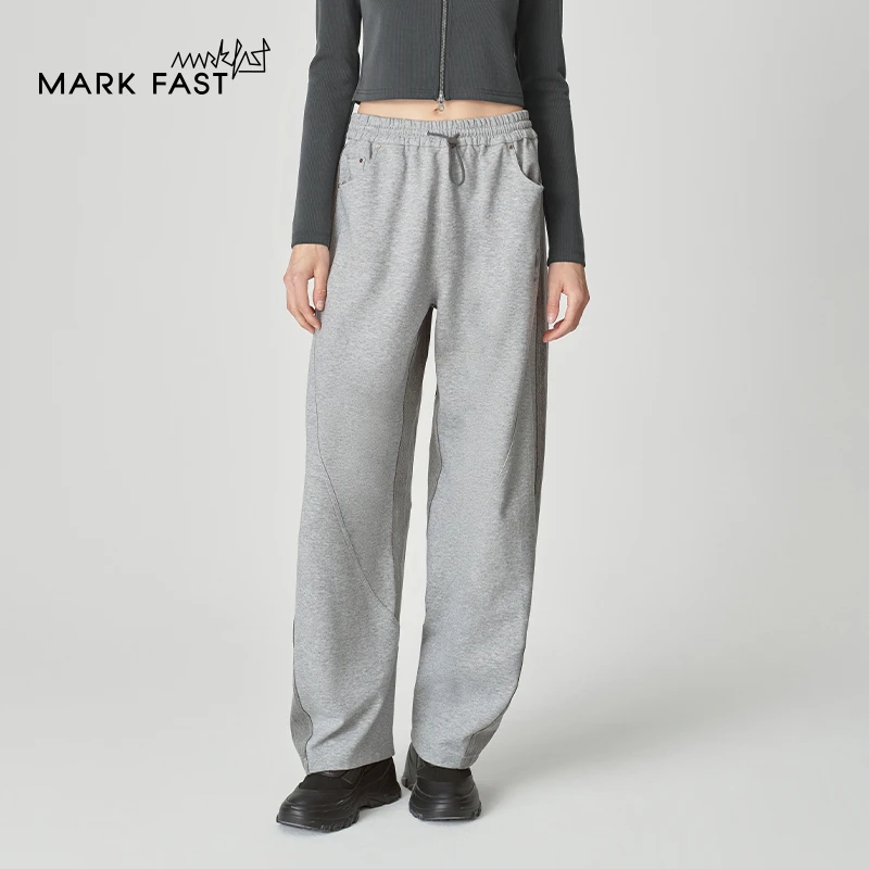 MARKFAST设计师品牌灰色拼接式牛仔休闲裤情侣款2024秋M1EFU51040