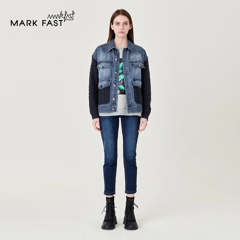 MARKFAST设计师品牌针织拼接牛仔外套情侣款上衣M1CFU15810