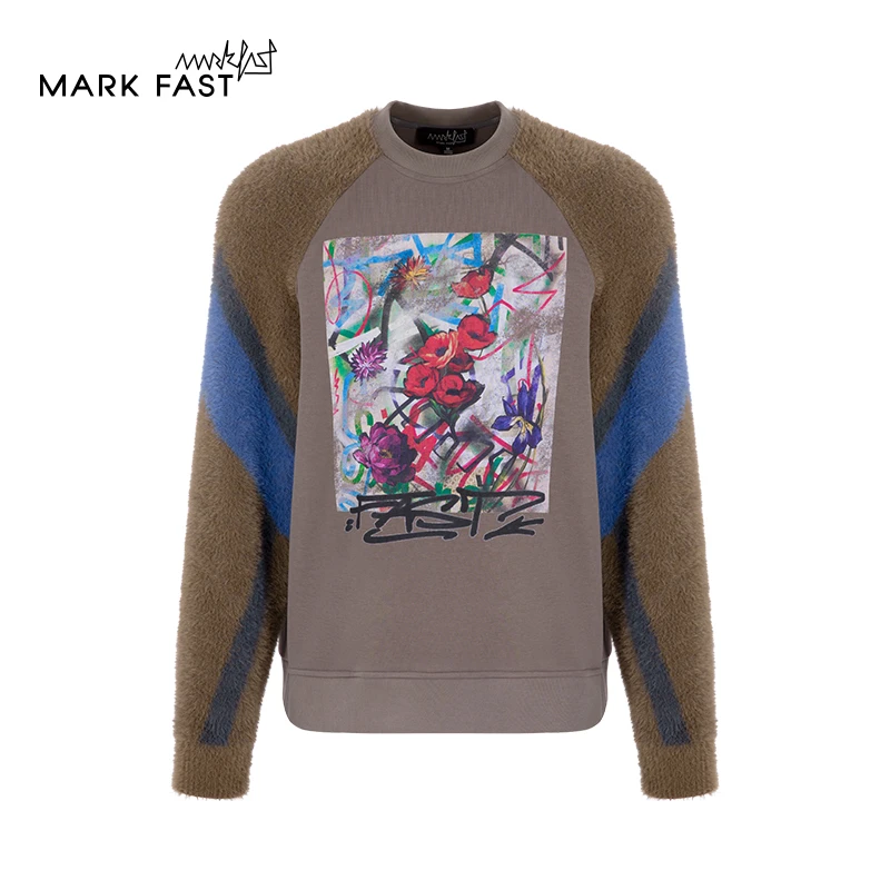 MARKFAST设计师品牌冬季拼接式涂鸦圆领针织卫衣情侣款M1DHU24270