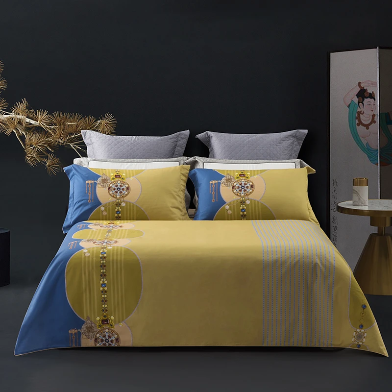 [水星家纺·严选]全棉四件套·中华宫廷奢华风黄蓝拼接家居床品华沙
