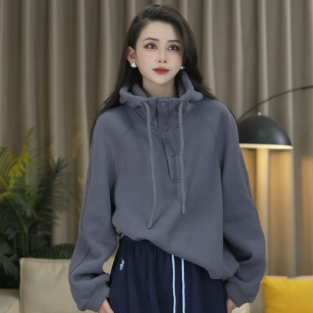 韩系通勤宽松显瘦加绒加厚卫衣女2024冬季新款纯色连帽保暖上衣