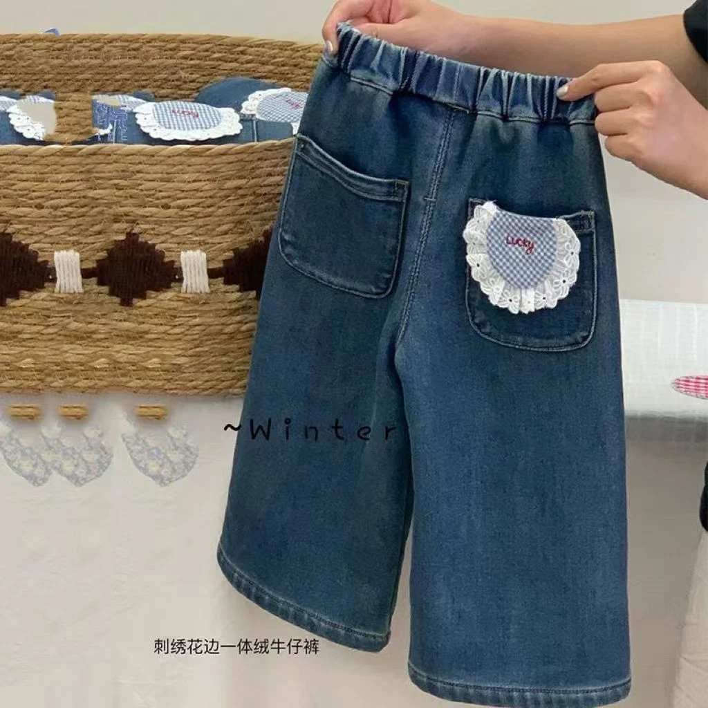 女童牛仔裤2024冬季新款一体加绒女童直筒宽松休闲长裤【平替好物】