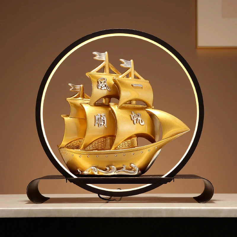 一帆风顺帆船摆件创意灯圈客厅玄关电视柜摆件台灯装饰树脂工艺品