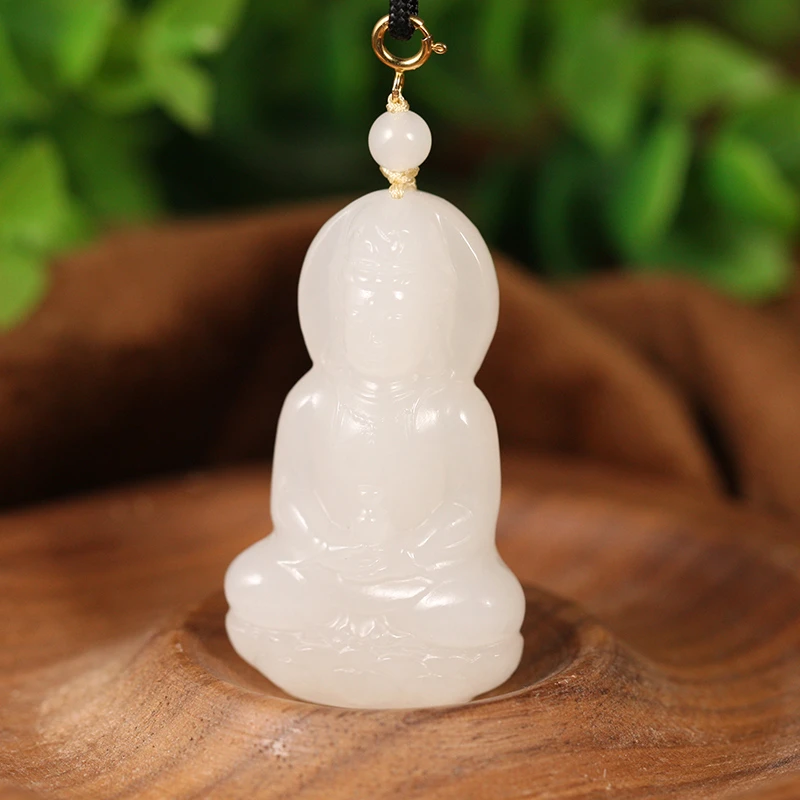 【叶叶珠宝】641和田玉荔枝白观音+18k金镶嵌 挂件吊坠 42*24*12mm+