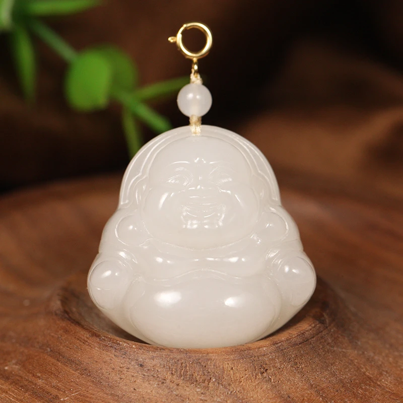 【叶叶珠宝】632 和田玉荔枝白弥勒佛+18k金 挂件吊坠30*30*11.7mm
