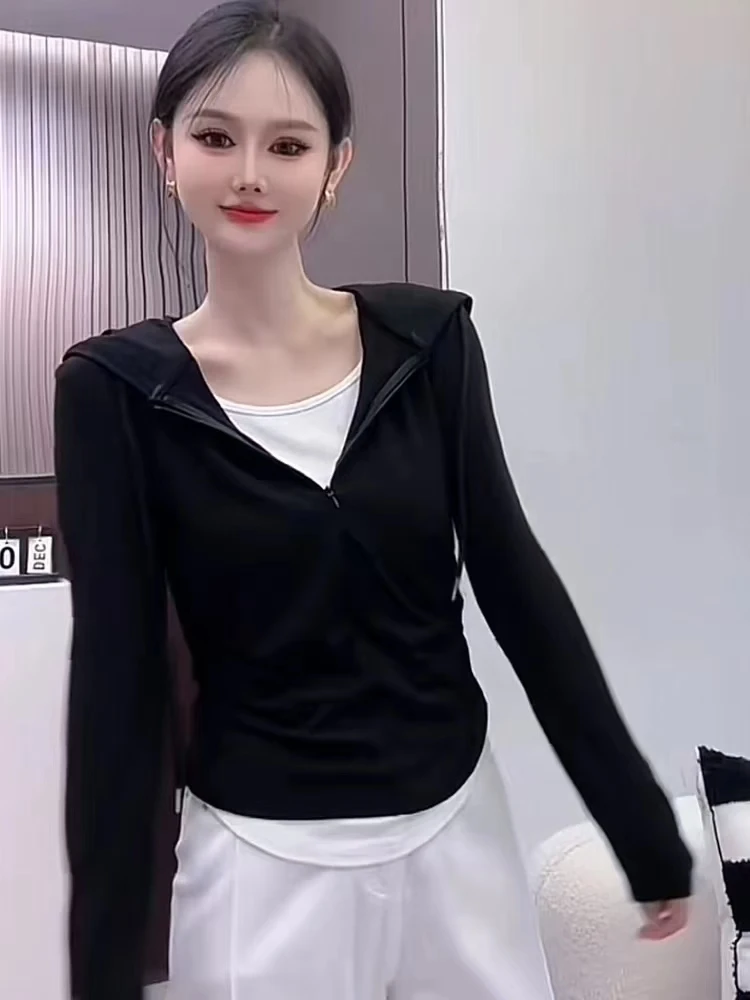 半拉链假两件帽子衫女秋季收腰长袖上衣辣妹T恤