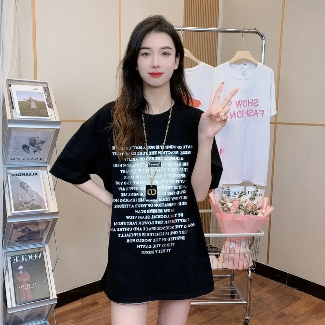 2024夏季新款时尚百搭宽松中长款圆领卡通印花休闲重工短袖t恤女