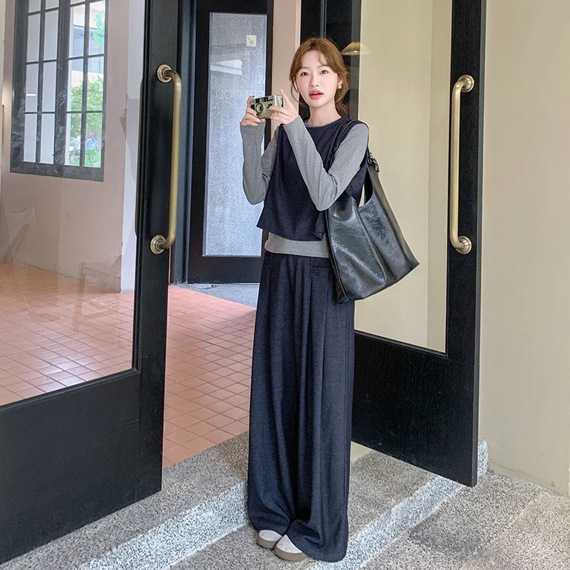 休闲套装女2024秋新款韩系高级感时尚洋气松弛感马甲阔腿裤三件套