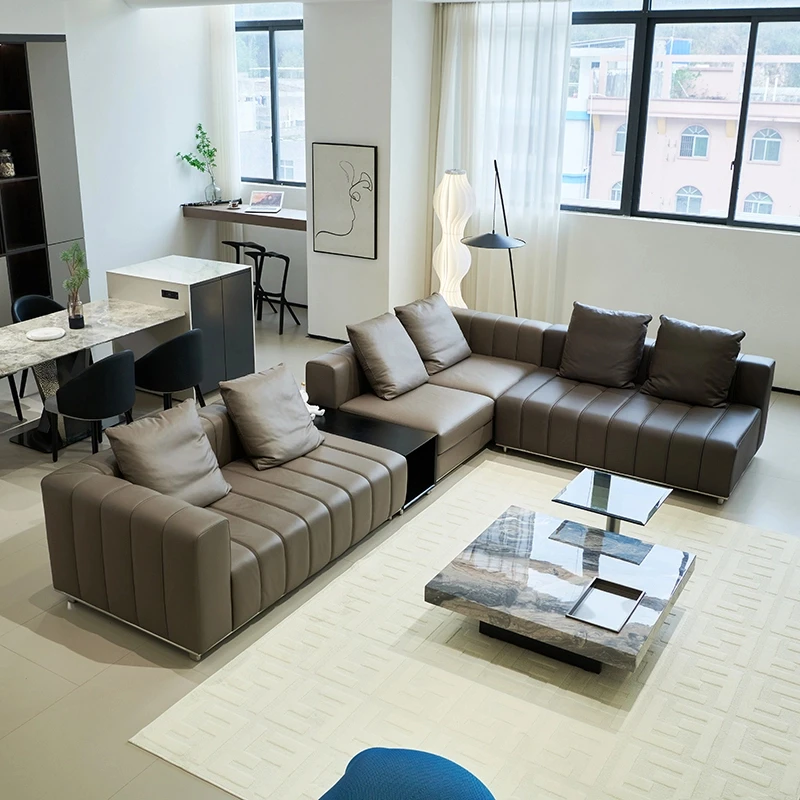 沙发直排头层牛皮松驰感意式极简小户型横厅办公脚踏简约北欧