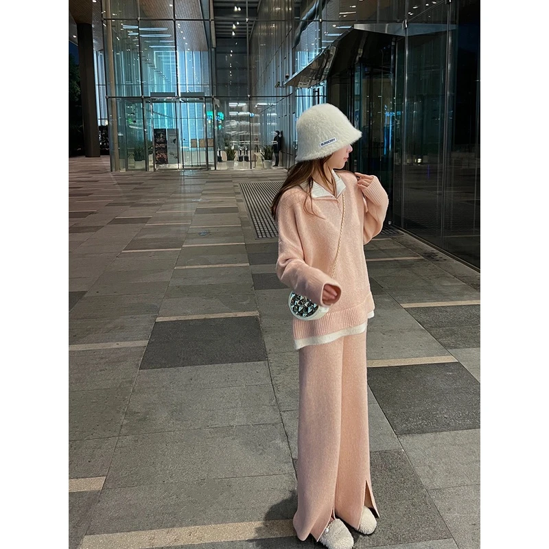 张涩涩 蓬松纤维 加厚假两件针织毛衣拖地阔腿裤套装女冬2021新款