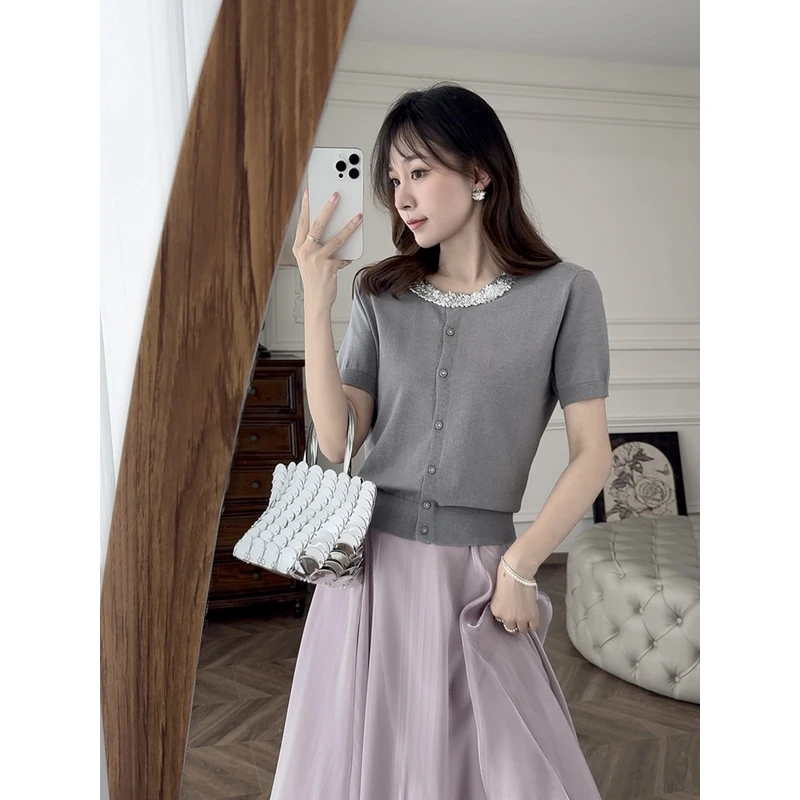 张涩涩YIER 24SS“银河星系”前后两穿 灰色亮片拼色针织开衫上衣