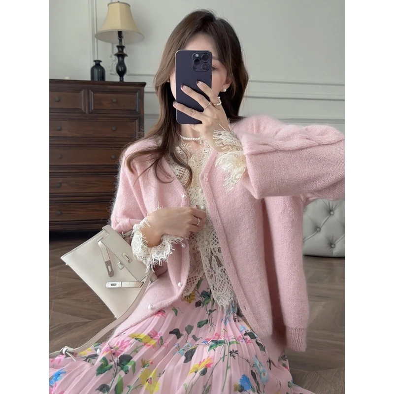 【达人专属】张涩涩高比例马海毛立体绞花灯笼袖针织开衫