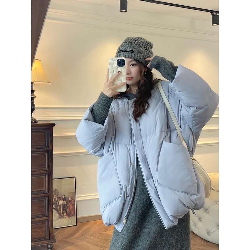 【达人专属】张涩涩YIER 冬季 时尚带羽绒围巾短款奶蓝色羽绒服外套