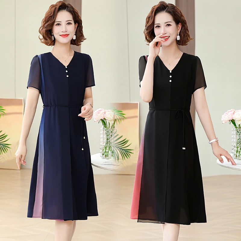 L-4XL 妈妈夏装气质连衣裙显瘦中老年女装夏季时尚裙子aa5086