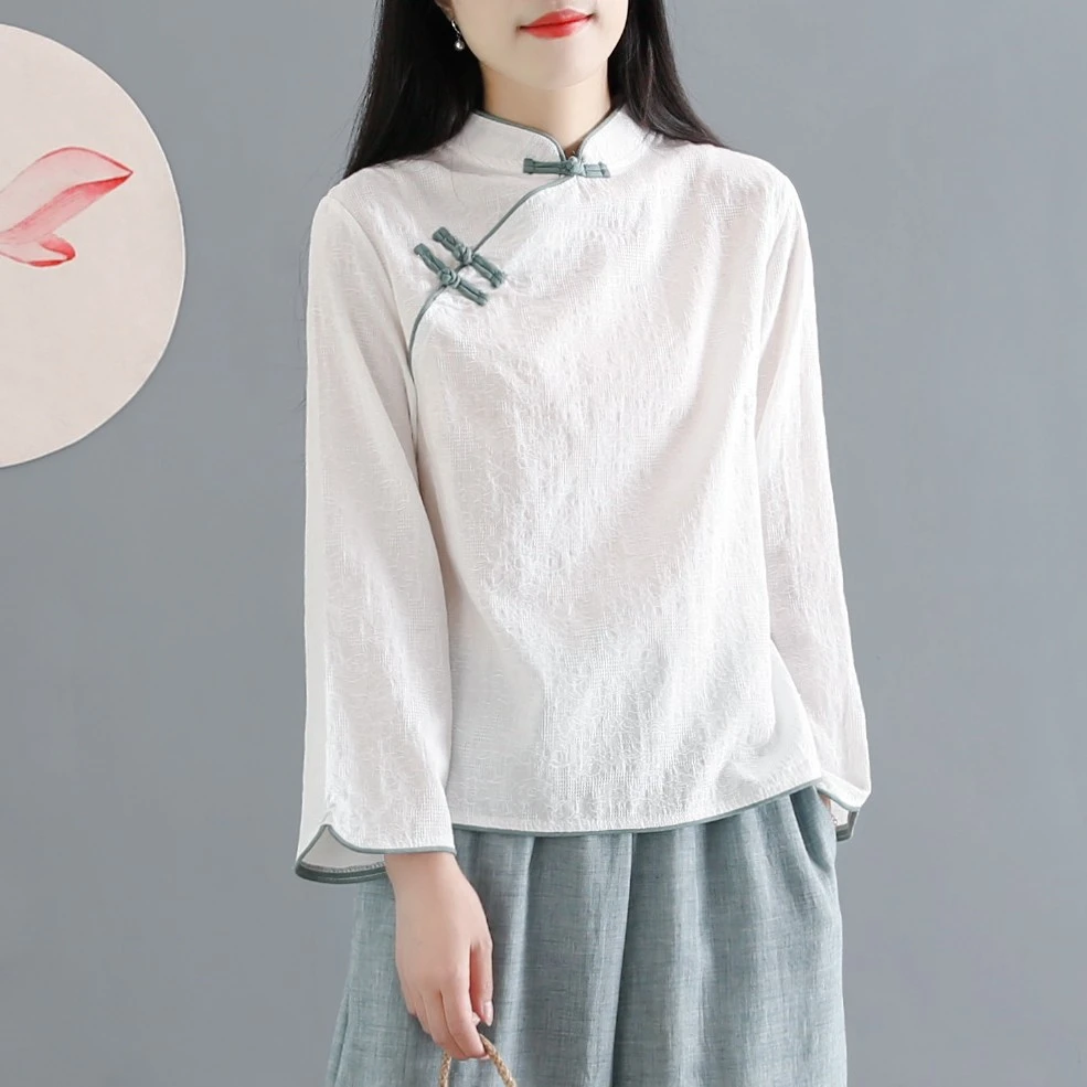 中国风复古提花棉麻衬衫禅意中式立领盘扣短款上衣茶服民国风女装