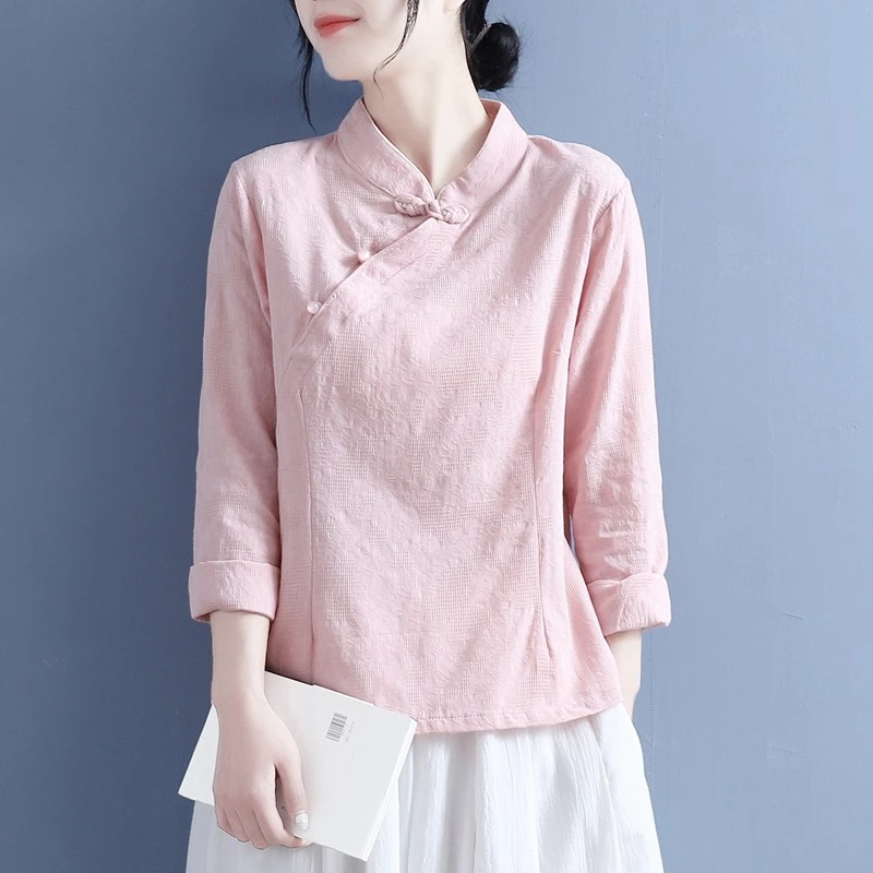 文艺中国风棉麻衬衫茶斜襟提花立领盘扣上衣显瘦棉麻上衣女