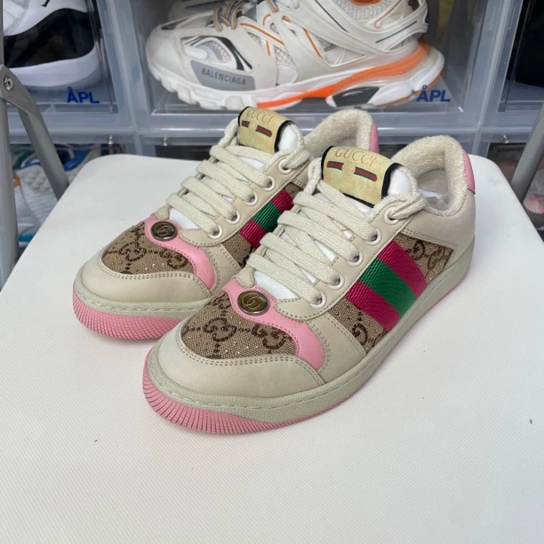 95新 34.5码 无盒 GUCCI Screener 白棕粉 板鞋 公价6399