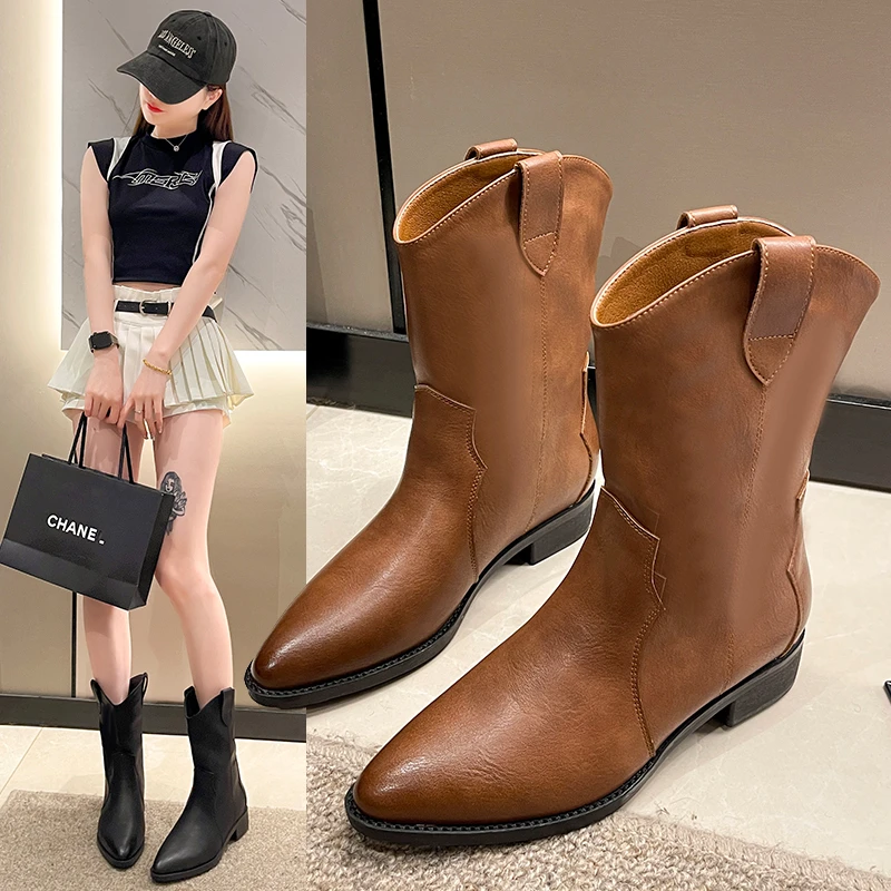真皮复古西部牛仔靴女2023秋季新款显瘦尖头中筒粗跟骑士马丁短靴