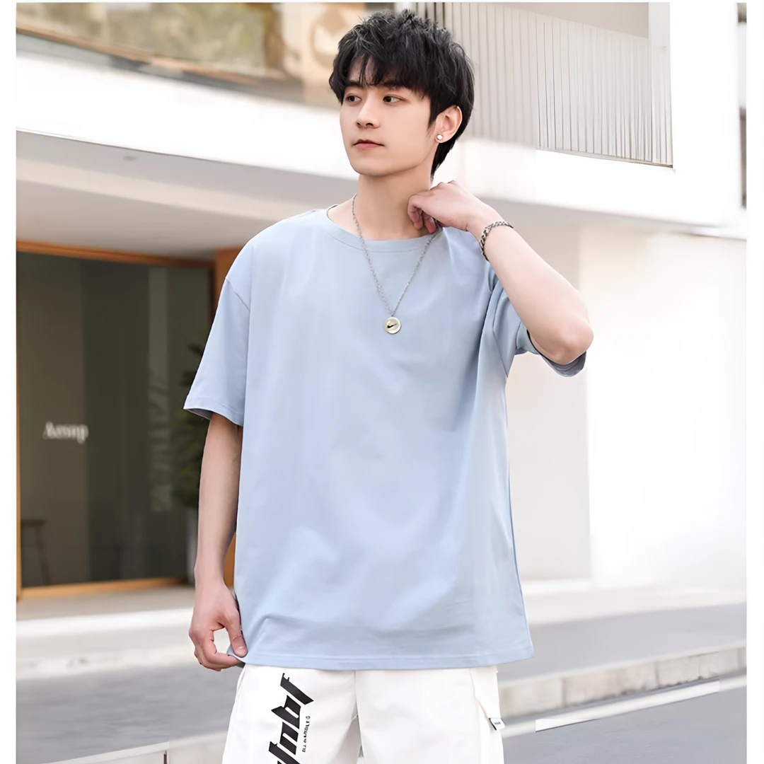 高规格半袖纯色双纱上衣夏季圆领宽松百搭男装短袖男士T恤大码
