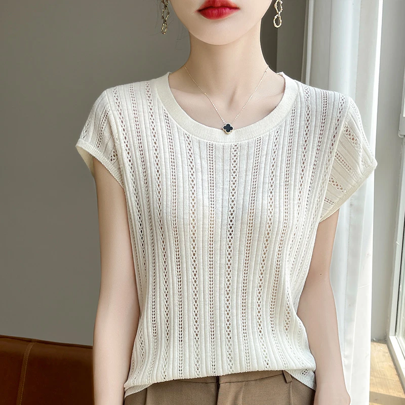针织短袖女体恤夏季新款圆领镂空轻薄短款打底设计感纯色T恤上衣