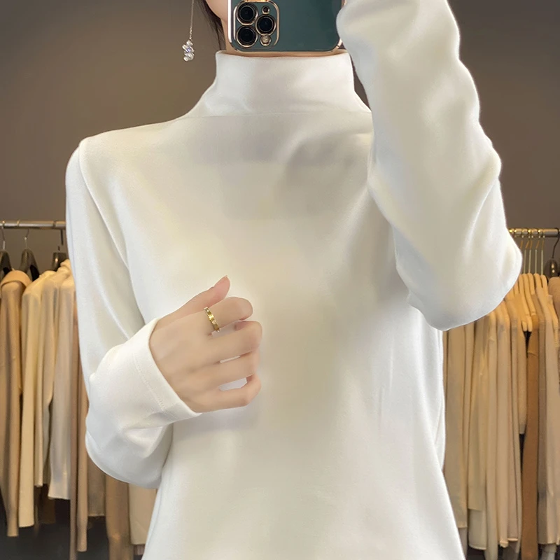 修身德绒半高领打底衫女冬2024内搭秋冬加绒加厚毛衣磨毛保暖上衣