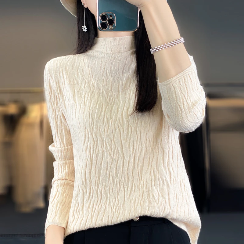 羊毛慵懒风半高领毛衣针织打底衫女秋冬新品别致褶皱长袖内搭上衣