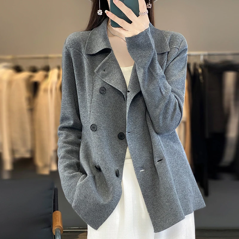 秋冬百搭新款西装外套显瘦小个子翻领羊毛针织衫上衣短款毛衣开衫