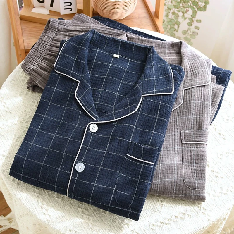 男士一百棉纱格子男睡衣长袖纯棉舒适家居服家居服宽松套装格子