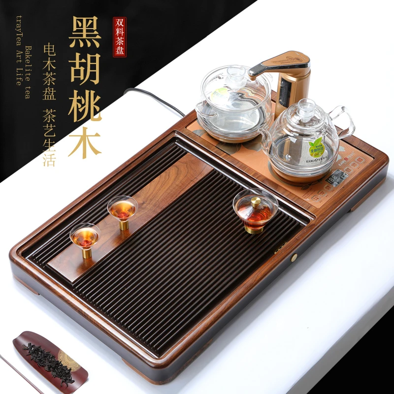 简约现代茶盘家用整块黑胡桃木办公室茶海电木款干泡排水实木茶盘