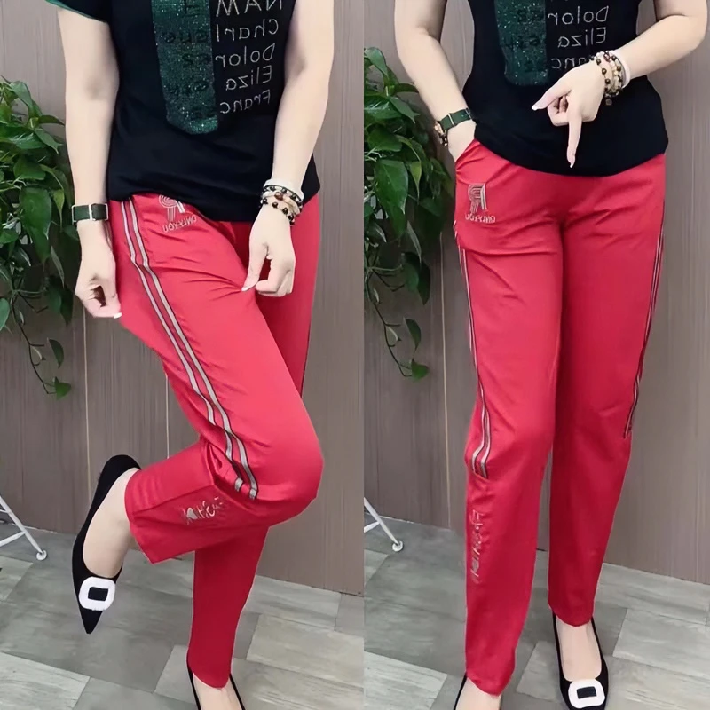 夏季薄款冰丝裤女高腰弹力牛奶丝小脚直筒休闲裤中老年妈妈运动裤