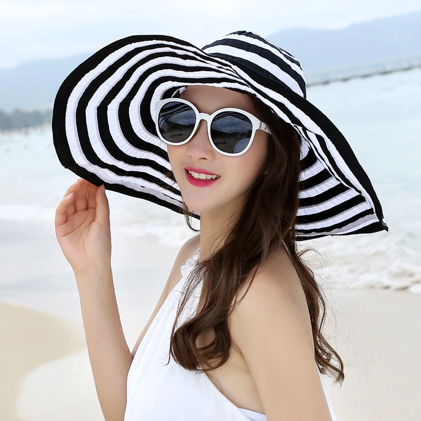 沙滩帽女春夏遮阳帽条纹大帽檐可折叠海边防晒帽子防紫外线大沿帽
