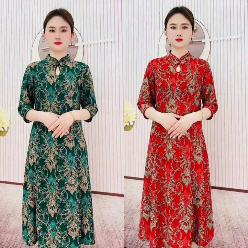 妈妈夏季中袖改良旗袍连衣裙女2024新款中老年复古国风碎花长裙子