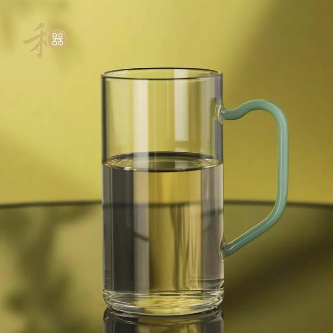 新品禾器浅玉色清予杯玻璃绿茶杯带把手办公杯家用加厚水杯