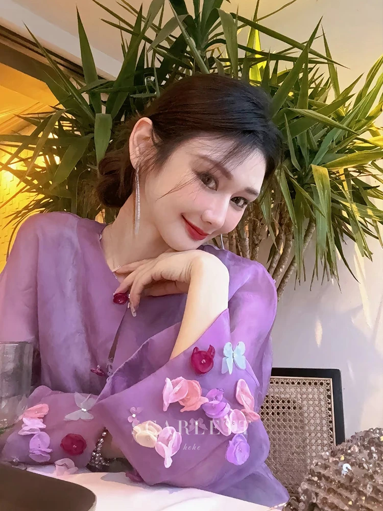 【4月】你的呵呵 新中式真丝欧根缎微透国风衬衫上衣