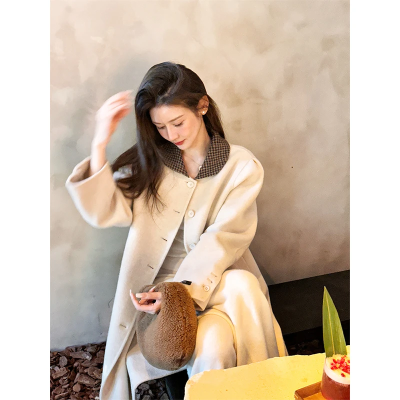 你的呵呵 曼城初冬 绵羊毛骆驼绒经典复古翻领廓形长款大衣女