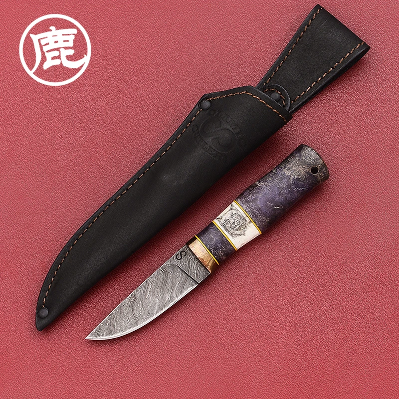 俄罗斯永恒山猫收藏手工户外露营小直刀大马士革日用户外便携小刀