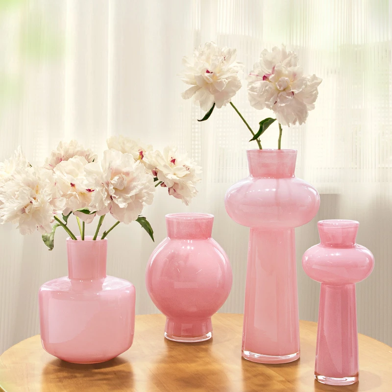 北欧简约粉色云塔玻璃花瓶高脚插花客厅摆件仿真花水培装饰大