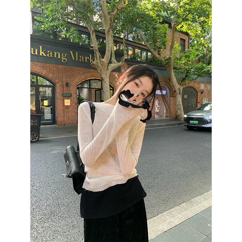 早秋新款女士法式气质修身洋气显瘦拼接长袖上衣高腰开叉半身长裙