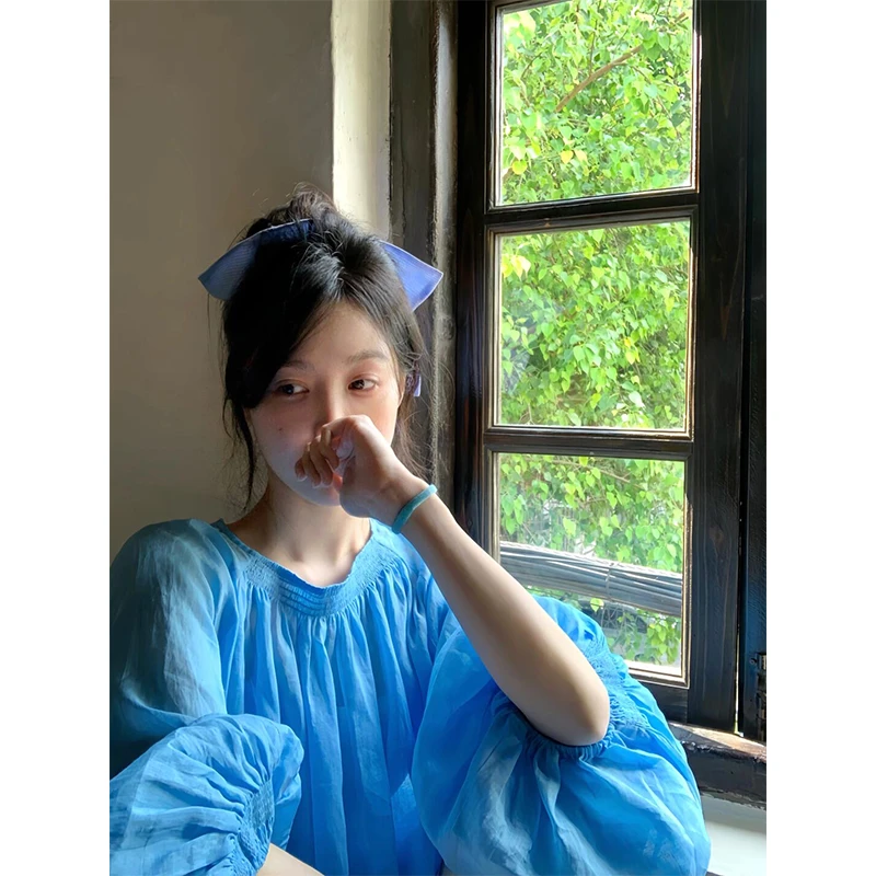 2025早秋新款女士蓝色气质甜美风宽松时尚长袖衬衫高腰休闲短裤