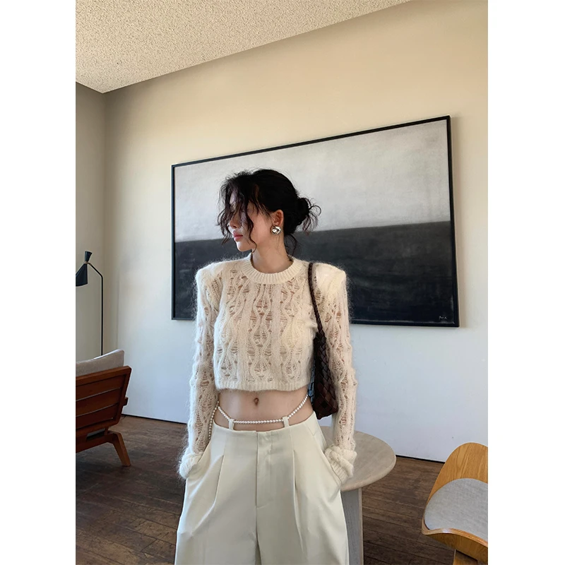 秋季秋冬新款女士时尚气质轻熟镂空针织短款长袖上衣休闲阔腿裤