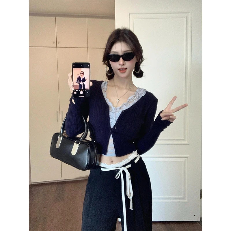 套装女2025秋冬新款气质修身显瘦蕾丝蓝色内搭针织长袖开衫休闲裤