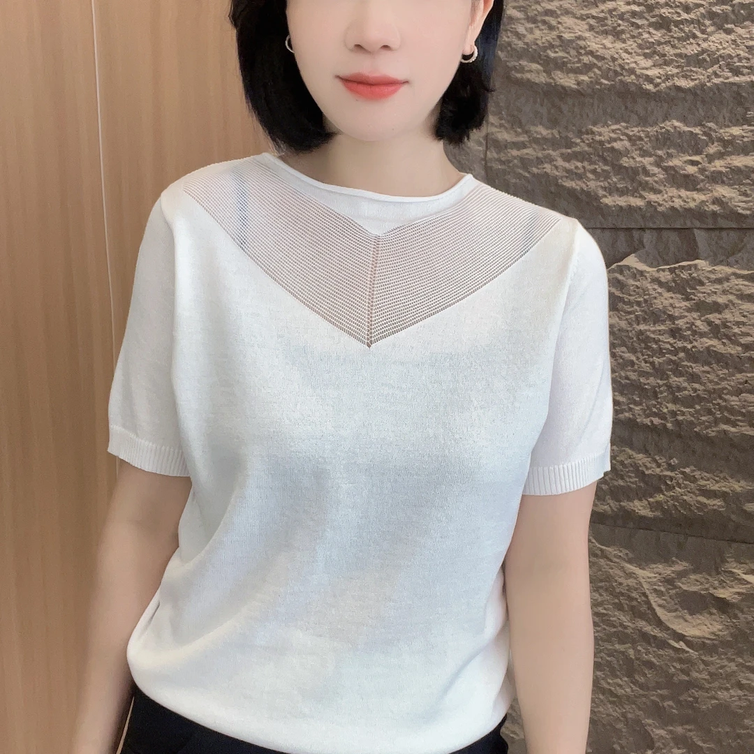 4096夏季冰丝短袖【大米原创】纯色镂空新款洋气薄款气质百搭上衣