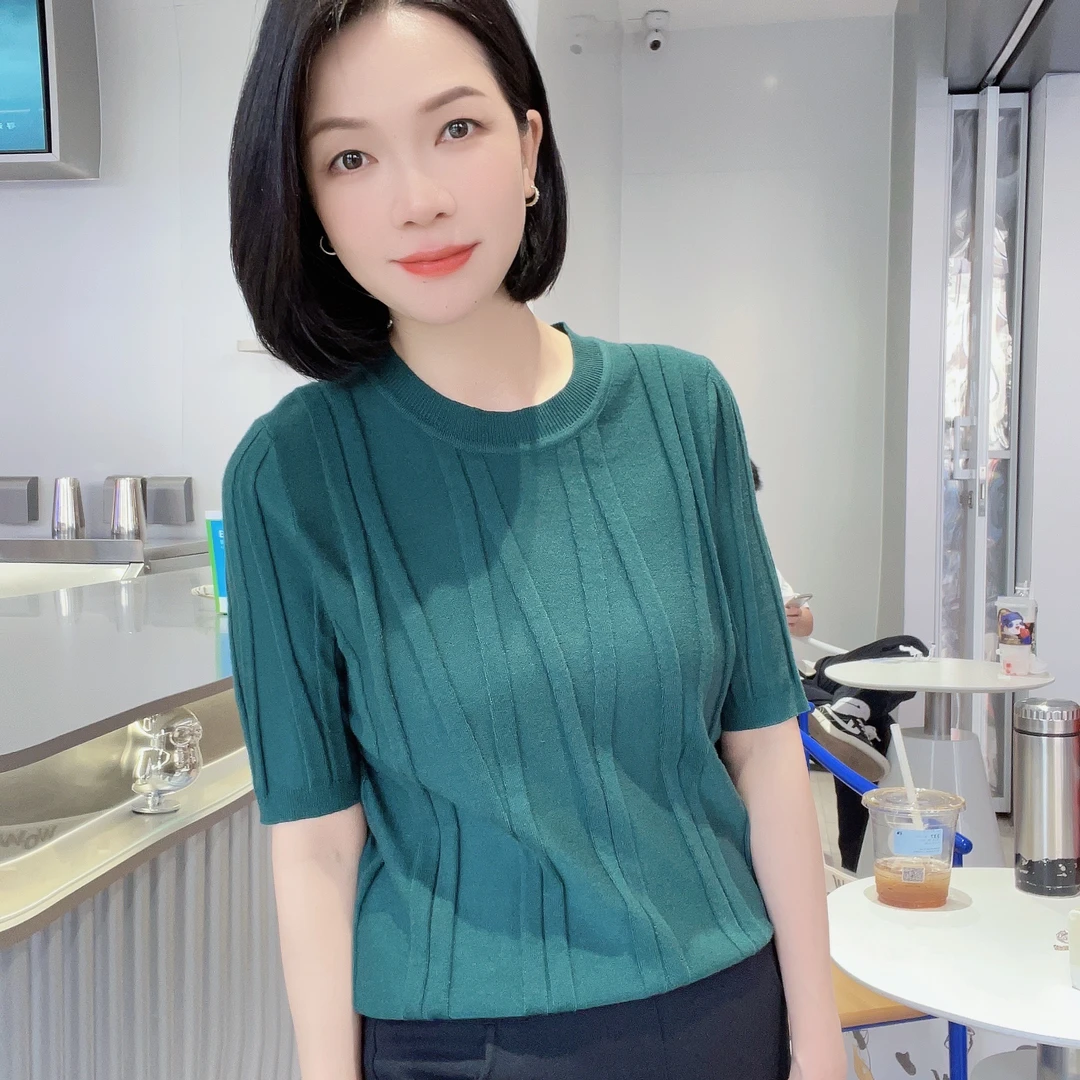 3691春季新款圆领洋气时尚短袖春秋韩版纯色百搭套头通勤减龄上衣