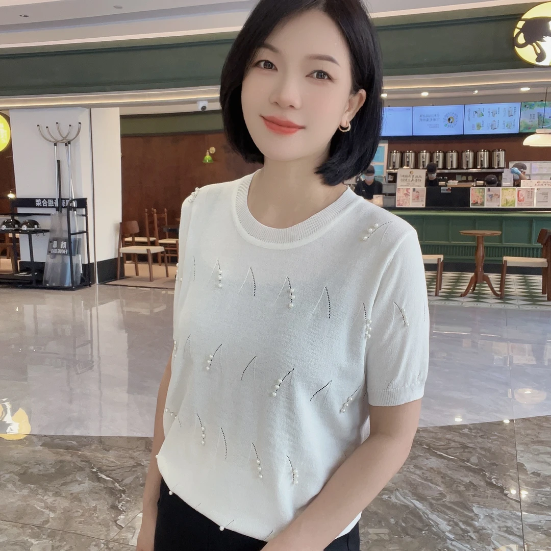 4080夏季纯色设计感珍珠圆领潮流薄款遮肉显瘦泡珠韩版百搭上衣女