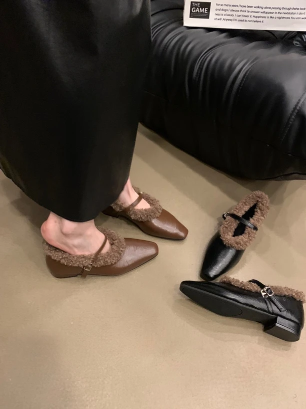 法式晚风通勤玛丽珍鞋女2023新款韩版复古毛毛鞋低跟平底加绒棉鞋